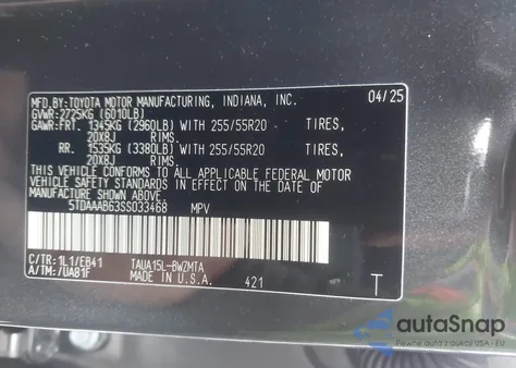 2025 Lexus Tx 350 Premium z USA, uszkodzony, nr VIN 5TDAAAB63SS033468